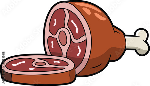 Cartoon meat with bone, ham steak vector illustration, juicy food clipart, butcher style drawing, fresh meat icon for design
