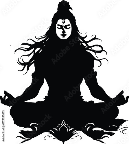 Meditative Pose Silhouette Featuring Black Icon of Long-Haired Individual Sitting Cross-Legged with Upturned Palms and Ornamental Base Design for Mindfulness, Spirituality, and Wellness-Themed Concept