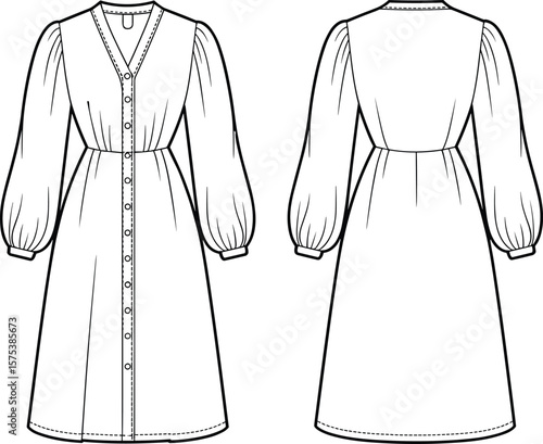 Long sleeve V-neck button down dress, fashion flat sketch, puff sleeve, midi dress technical drawing, cad vector illustration
