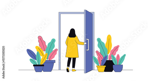 Woman opens a blue door stepping into a brightly lit room with potted plants flanking the entrance