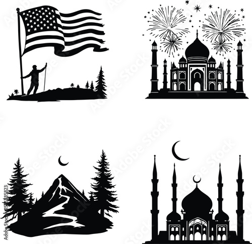 American Patriotism, Indian Heritage, Natural Landscape, and Islamic Architecture Silhouettes Featuring Four Black and White Illustrations of Flag Bearer on Hill, Taj Mahal with Fireworks, Snowy 
