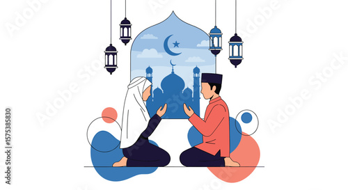 Two muslim people praying together during the holy month of ramadan with lanterns and a mosque in the background