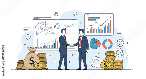 Financial partnership agreement celebrated with handshake and economic growth charts