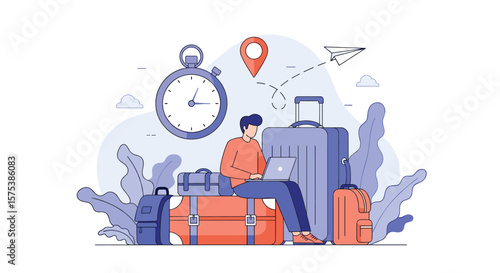 A man with his luggage is waiting for a flight at the airport