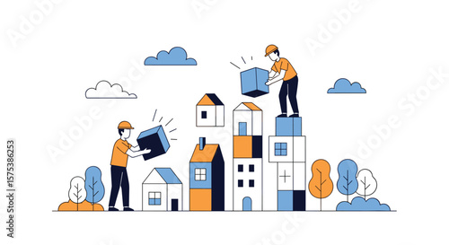 Expert movers transporting furniture and boxes to new buildings during relocation process