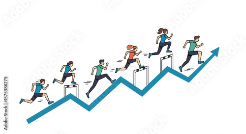 Teamwork and hurdles race demonstrating business growth and success achieving objectives together