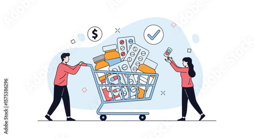 People are happily pushing a shopping cart filled with many items on white background