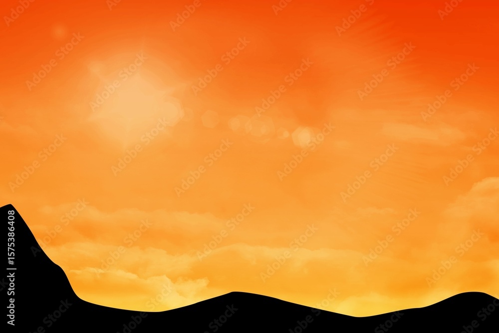 Obraz premium Bright sun disc is rising over flat design glowing clouds and rolling hills, casting lens flare