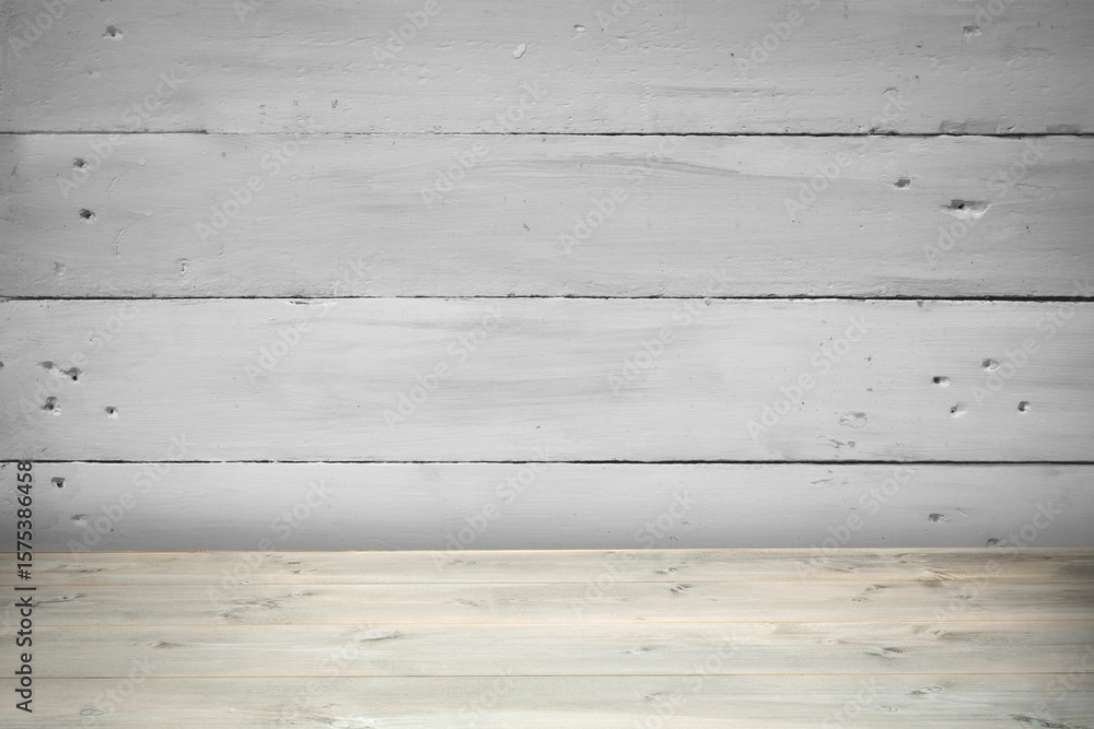 Obraz premium Minimalist illustration is showing wooden tabletop with painted plank wall and wood grain texture