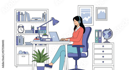 Young woman works on laptop at desk with bookshelves and globe in home office