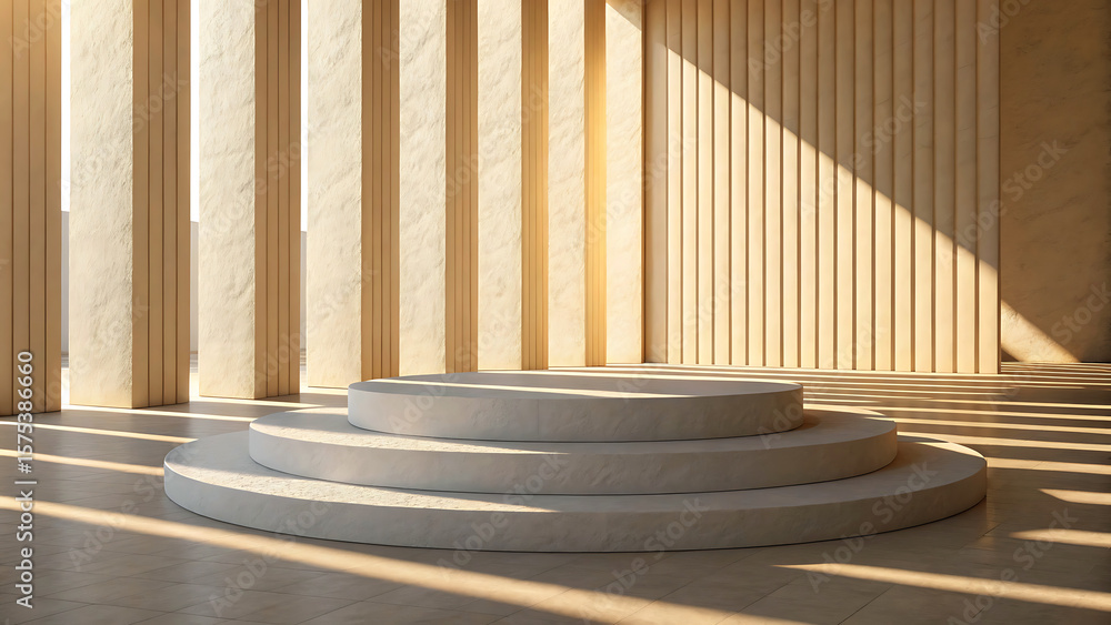 Obraz premium Serene Minimalist Three-Tiered Platform in Sunlit Modern Space