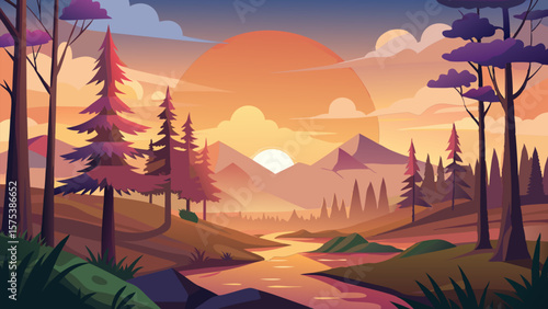 Sunset over Mountains and River. Serene Nature Landscape