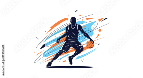 Dynamic basketball player dribbling with energetic artistic background splash effect