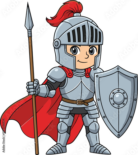 Cartoon medieval knight character, armored warrior boy, vector soldier illustration, spear and shield, heroic fighter, fantasy costume, battle armor clipart