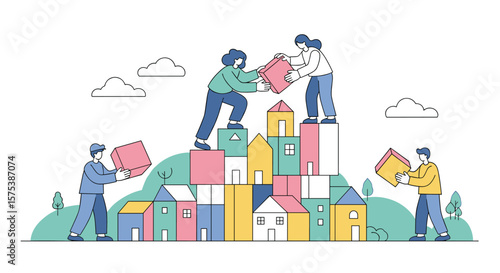 Teamwork building colorful cityscape using interlocking blocks and abstract elements