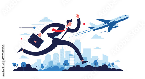 Business travel rush to catch flight amidst cityscape and urban development growth
