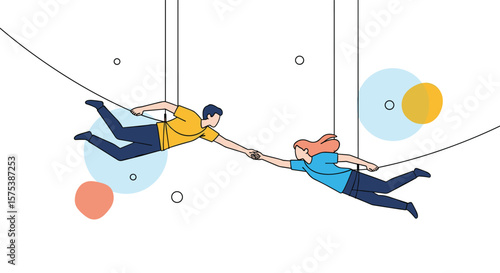 Two people reaching for each other while on tightropes with colorful circles floating around them