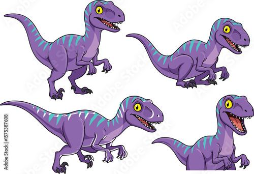 Cartoon purple dinosaur vector, cute velociraptor illustration, smiling dinosaur character, prehistoric animal clipart, funny Jurassic reptile art, vector dinosaur drawing