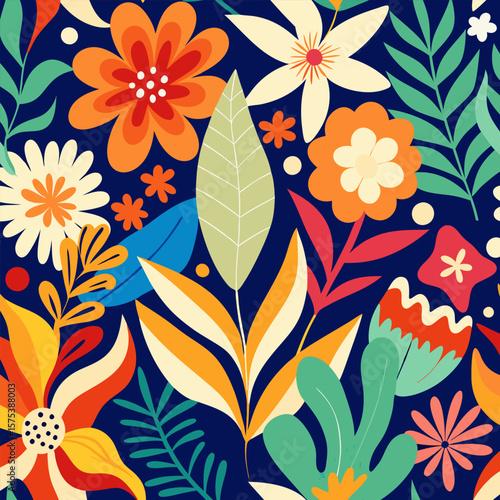Vibrant Floral Pattern. Colorful Flowers and Leaves Design