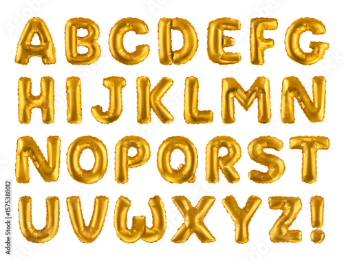 Golden metal 3D alphabet letters design collection, 3D Birthday balloons, transparent background, realistic 3d render, inflated