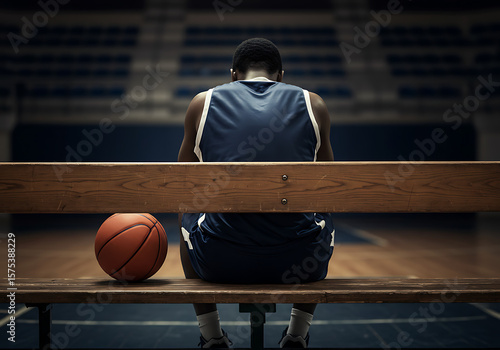 A basketball player sitting on a bench with a ball in a gym looking at the basketball court area