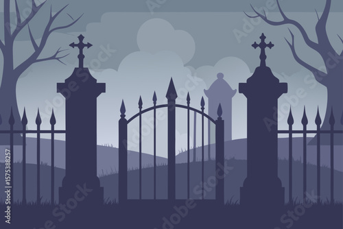 Cemetery Gates Shrouded in Heavy Fog