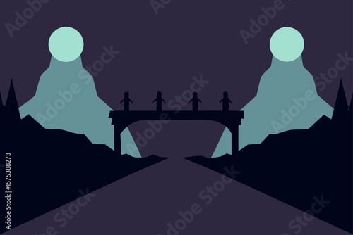 Collapsed Bridge Over a Dark Ravine with Ghostly Mist