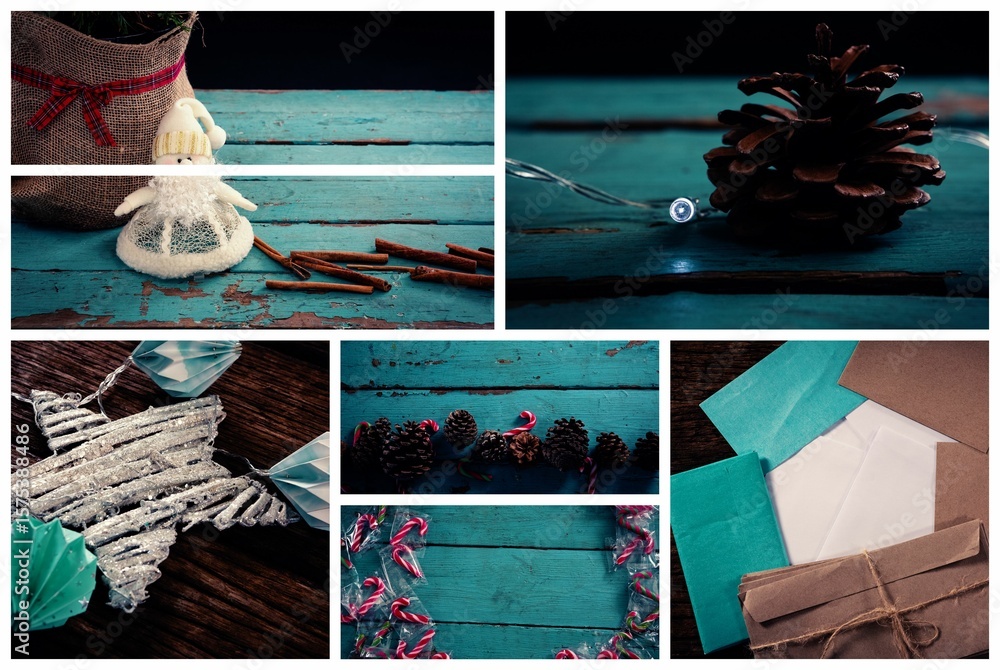 Fototapeta premium Christmas decoration on blue wood table