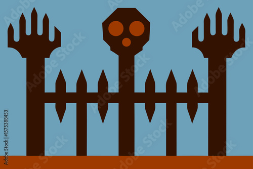 Rusted Wrought Iron Fence with Skeletal Hands Clutching