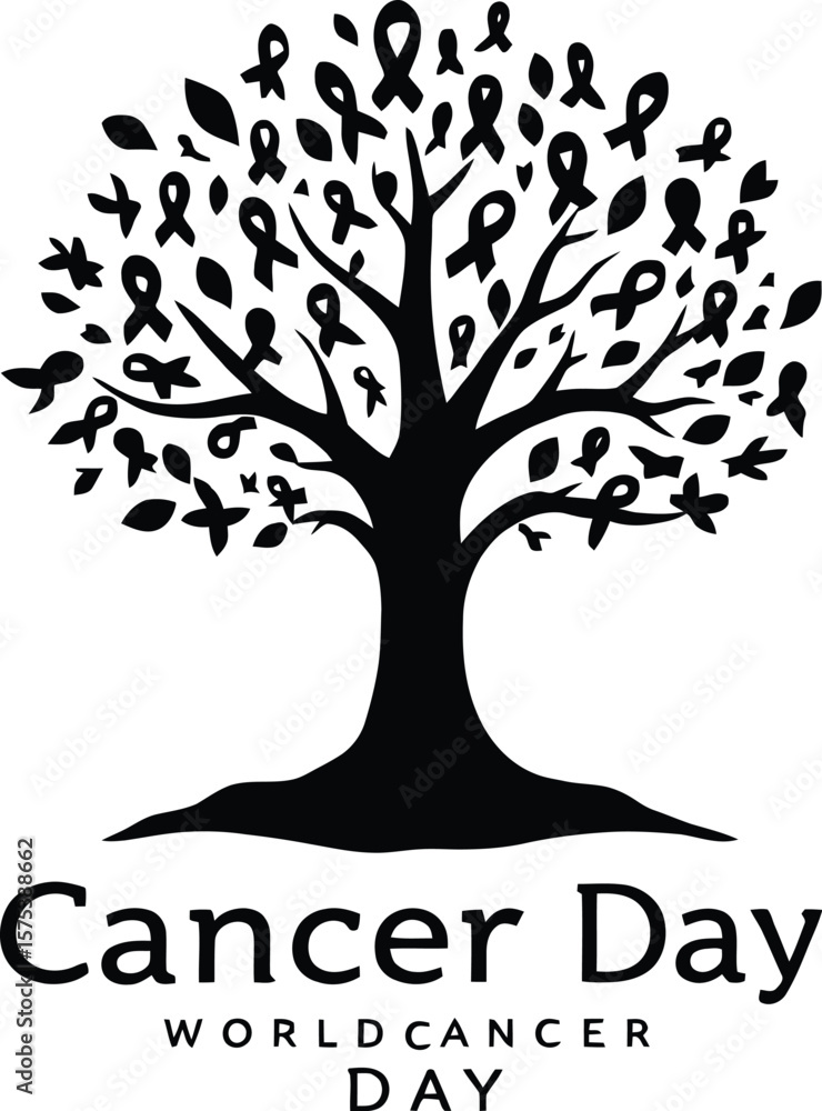 Fototapeta premium World Cancer Day Tree Illustration Featuring Awareness Ribbons and Branch Motif with Emotive Text