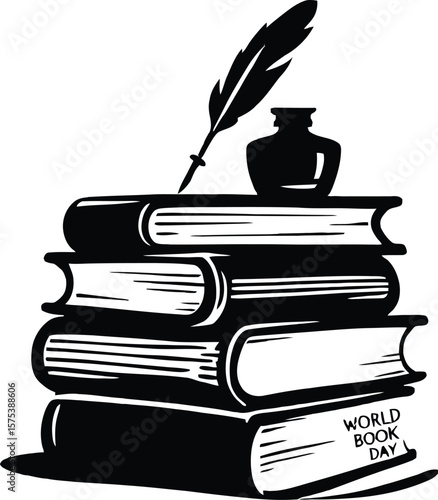 World Book Day Tribute Illustration Featuring Ink Bottle and Quill on a Stack of Books with Lettering Accent