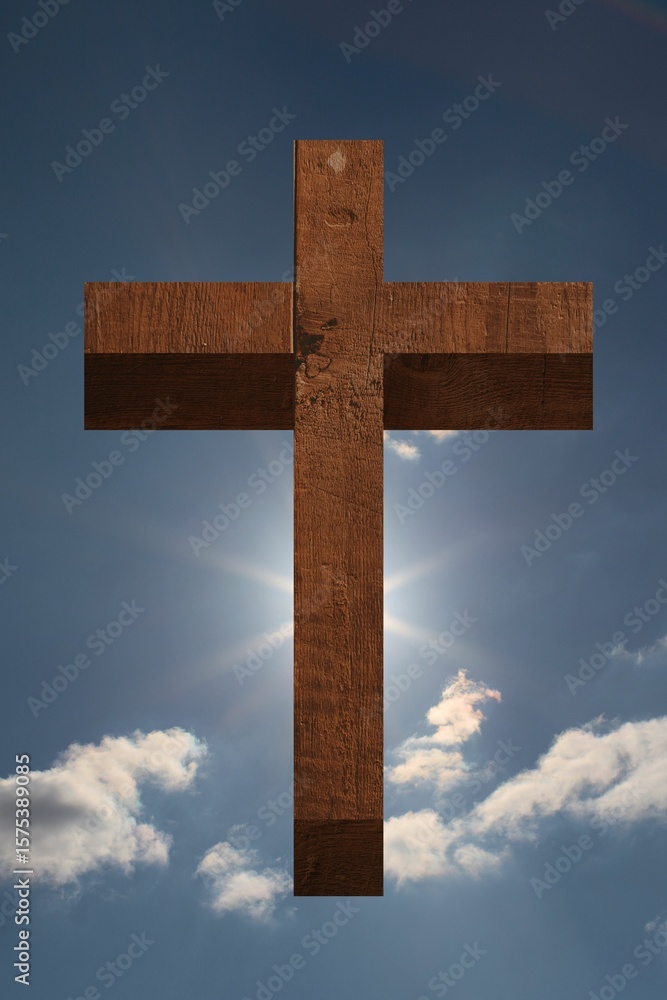 Naklejka premium Flat design wooden Christian cross is rising against blue sky with sunburst and clouds, copy space