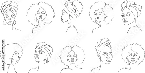 black-women-line-art-afro-turban-portrait-set