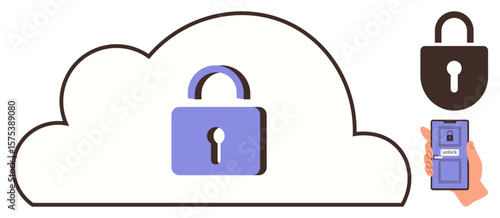 Cloud with locked padlock symbolizes security. Hand using smartphone for access highlights authentication. Ideal for data security, privacy, technology, cloud storage, cybersecurity, encryption, safe