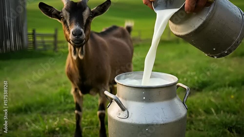 close up Goat and milk pail in a field