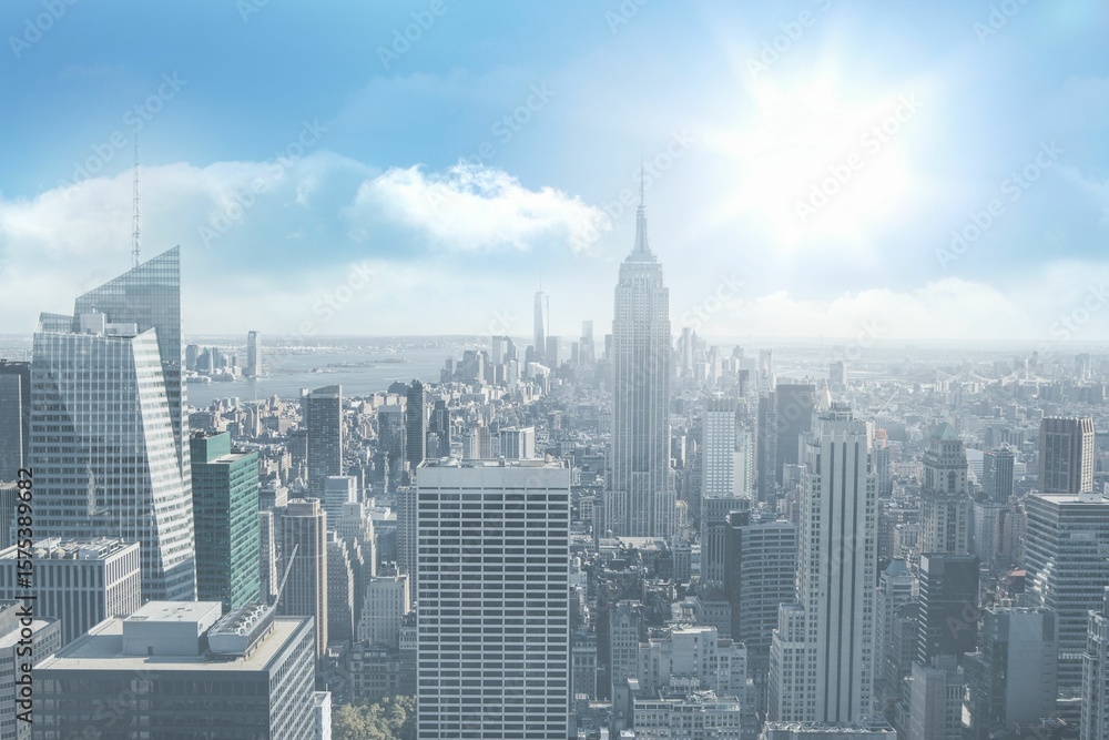 Fototapeta premium flat-design skyline is stretching art deco spire, supertall tower over glass towers under blue sky