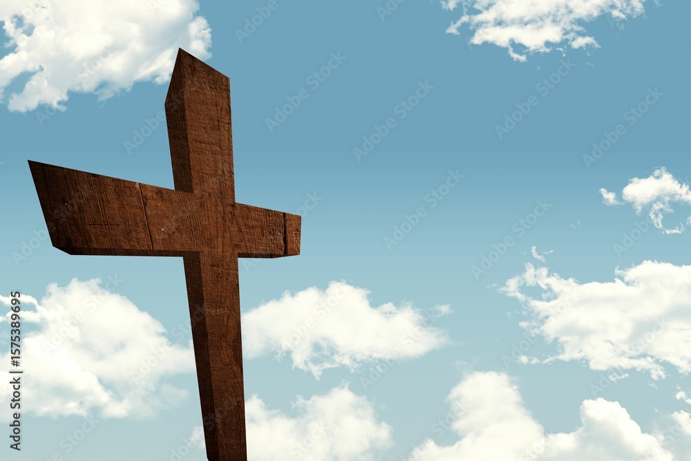 Weathered wooden cross is standing in flat design against pale blue sky dotted with fluffy clouds Weathered wooden cross is standing in flat design against pale blue sky dotted with fluffy clouds