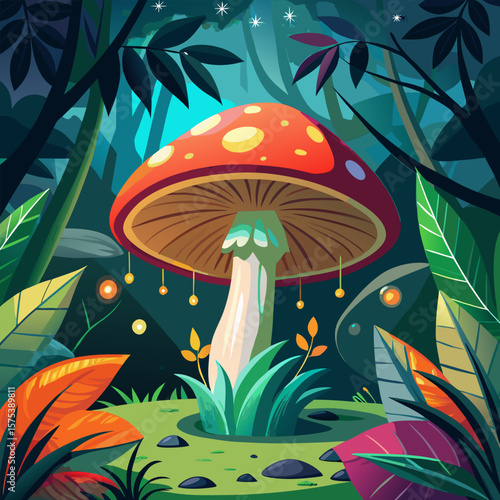 Enchanted Forest. Luminous Mushroom at Night