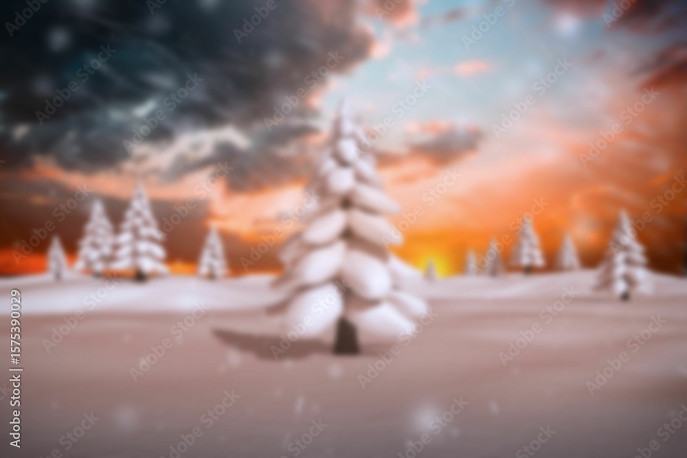Fototapeta premium Central evergreen tree rising in flat design snowfield, snow drifting through sunset clouds