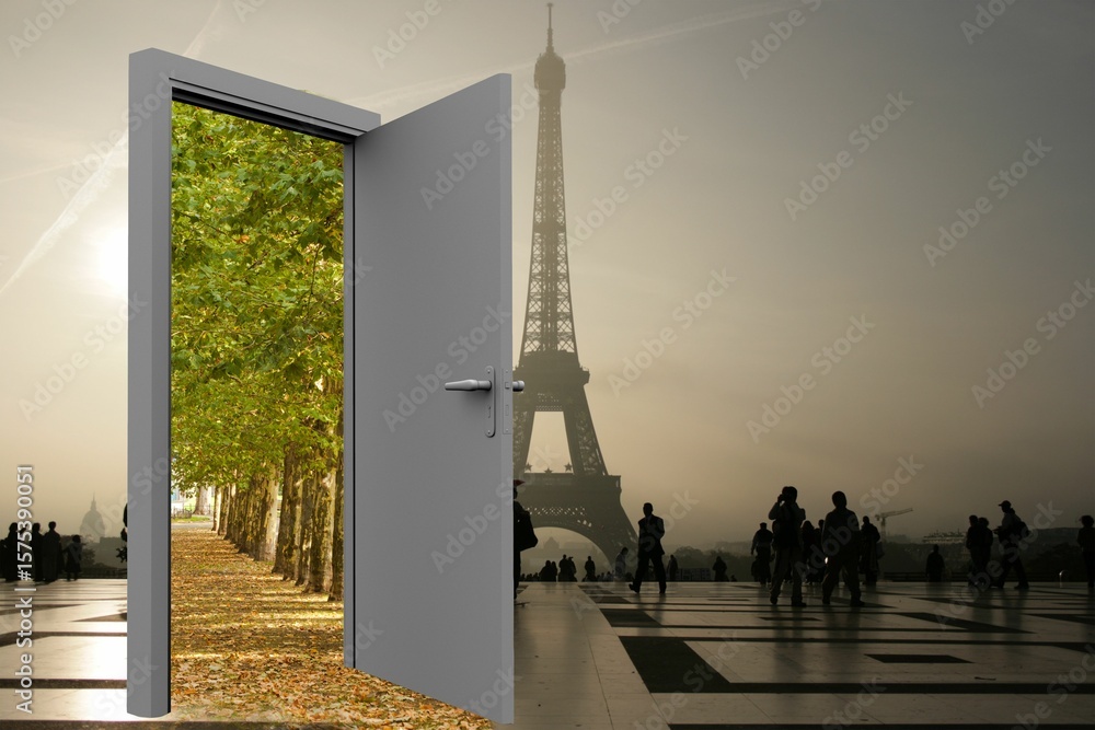 Fototapeta premium Digital image of Eiffel Tower with trees seen from open door