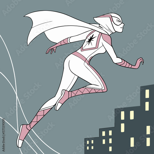 Female spider-hero in sleek white-and-pink suit gracefully gliding through the air with long hair trailing, city lights glowing below