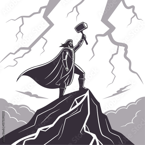 illustration of a man with a Hummer, Mythic thunder god with glowing hammer raised to the sky, lightning striking around him as he stands atop a stormy mountain, cloak blowing dramatically