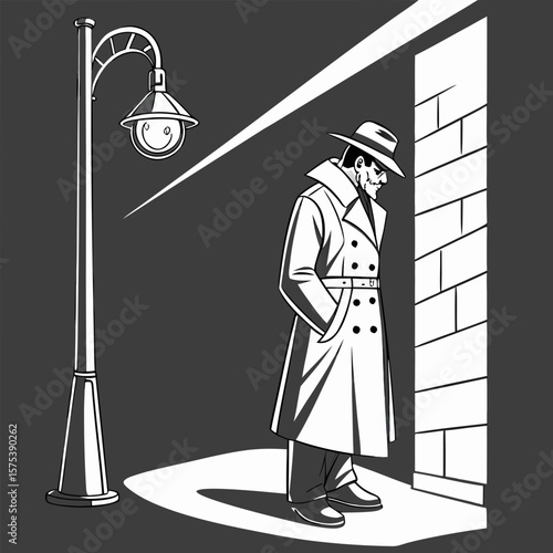 Old-school noir-style spider vigilante wearing trench coat and fedora over his mask, standing in a shadowy alley under a flickering streetlamp