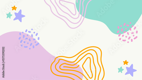 Pastel abstract shapes stars and doodles. Suitable for backgrounds, social media posts, stationery, and design projects requiring a whimsical touch.