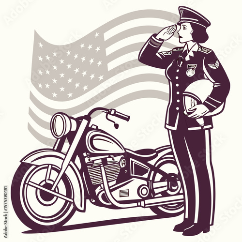 man riding a motorcycle, Stylized retro hero in vintage uniform saluting proudly, standing beside a classic motorcycle with faded American flag in the background