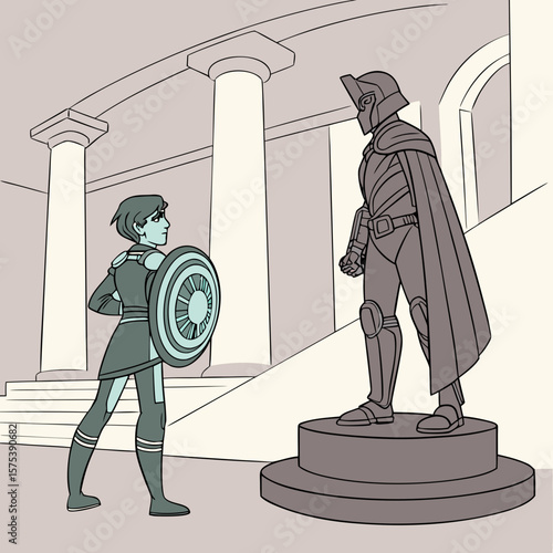 Young modern hero trainee holding a new-generation energy shield, standing beside the original hero statue, honoring the legacy