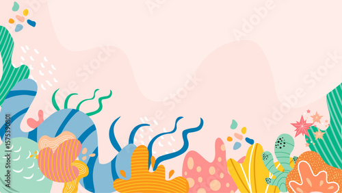 Abstract art with colorful organic shapes resembling plants. Suitable for botanical designs, nature themed projects, or vibrant artistic concepts.