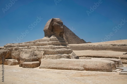 Statue of the Sphinx at the Pyramids of Giza in the Egypt desert