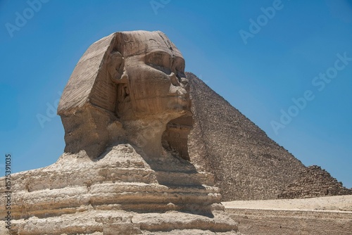 Statue of the Sphinx at the Pyramids of Giza in the Egypt desert