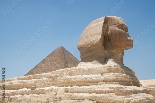 Statue of the Sphinx at the Pyramids of Giza in the Egypt desert